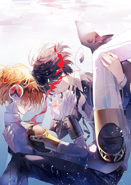 Anime picture 636x900 with persona 3 persona aegis arisato minato syokumura tall image short hair black hair profile orange hair underwater hair over eyes carrying bleeding girl boy headphones blood bubble (bubbles) android