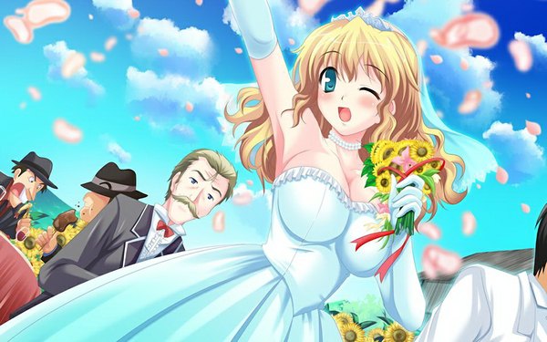 Anime picture 1024x640 with doinaka channel 5 erena hadoson blush short hair open mouth blonde hair wide image green eyes game cg girl dress flower (flowers) wedding dress