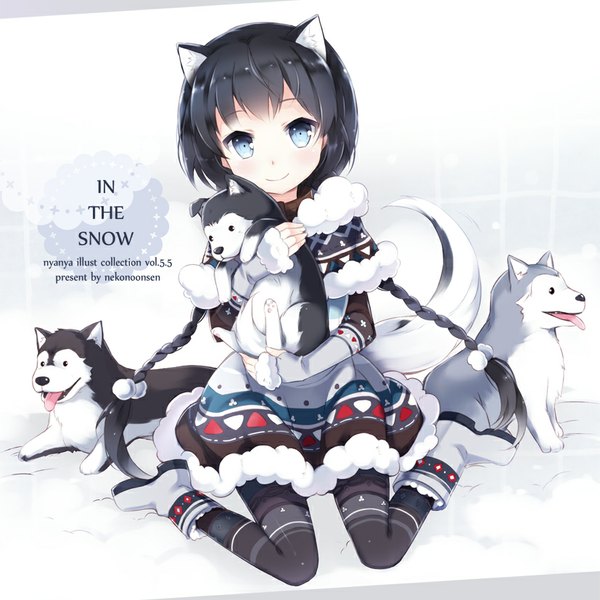 Anime picture 827x827 with original nyanya long hair looking at viewer fringe open mouth blue eyes black hair smile holding animal ears bent knee (knees) tail braid (braids) animal tail inscription twin braids text english dog ears