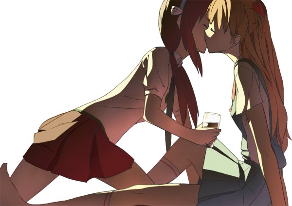 Anime picture 1200x848 with neon genesis evangelion rebuild of evangelion evangelion: 2.0 you can (not) advance gainax soryu asuka langley makinami mari illustrious long hair fringe simple background blonde hair brown hair white background sitting twintails multiple girls eyes closed shoujo ai kiss girl skirt