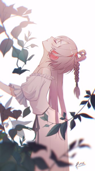 Anime picture 2083x3750 with vocaloid vocaloid china luo tianyi pinx single long hair tall image highres simple background white background signed silver hair braid (braids) eyes closed head tilt profile arched back girl plant (plants) headphones