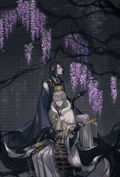 Anime picture 767x1136 with touken ranbu nitroplus tsurumaru kuninaga mikazuki munechika chchick tall image fringe short hair smile sitting holding blue hair looking away traditional clothes japanese clothes grey hair wide sleeves multiple boys grey eyes sheathed