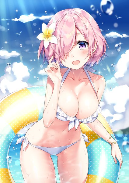 Anime picture 842x1191 with fate (series) fate/grand order mash kyrielight masuishi kinoto single tall image looking at viewer blush fringe short hair breasts open mouth light erotic smile large breasts standing purple eyes pink hair sky cleavage