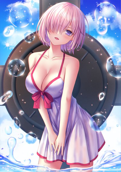 Anime picture 919x1300 with fate (series) fate/grand order mash kyrielight mash kyrielight (swimsuit of perpetual summer) toshi (1-147) single tall image blush fringe short hair breasts open mouth light erotic standing purple eyes bare shoulders pink hair sky cleavage cloud (clouds)