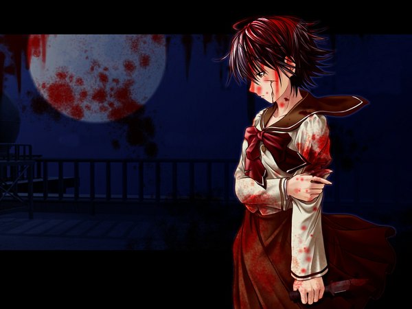 Anime picture 1024x768 with phantom of inferno nitroplus ein (phantom) short hair black hair profile night looking down dark background third-party edit blood on face bloody clothes injury bloody weapon girl uniform school uniform moon blood full moon