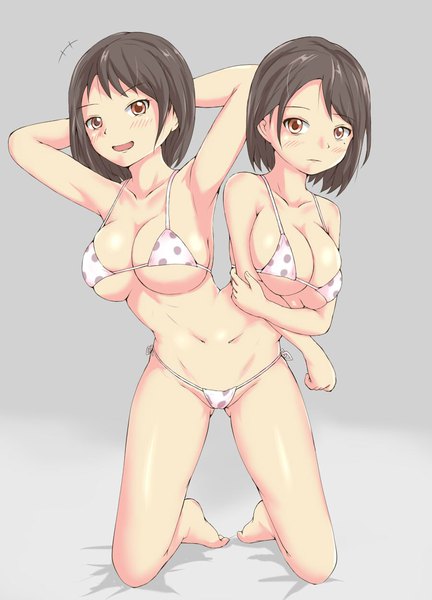 Anime picture 900x1250 with original ftt tall image looking at viewer blush fringe short hair breasts open mouth light erotic simple background smile brown hair large breasts multiple girls full body :d grey background arms up armpit (armpits)