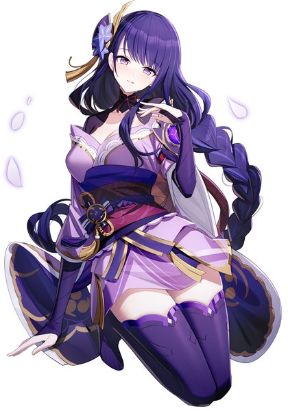 Anime picture 900x1286 with genshin impact raiden shogun ririko (zhuoyandesailaer) single tall image looking at viewer blush fringe breasts simple background white background purple eyes cleavage purple hair full body blunt bangs braid (braids) very long hair traditional clothes parted lips