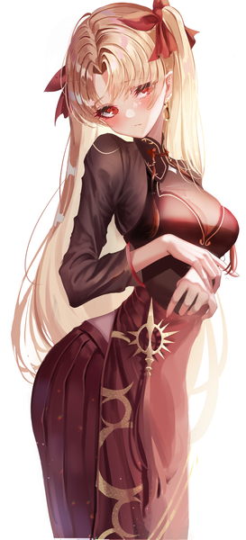 Anime picture 1863x4093 with fate (series) fate/grand order ereshkigal (fate) ereshkigal (youming niangniang) (fate) chiachun0621 single long hair tall image looking at viewer blush fringe highres breasts simple background blonde hair red eyes standing white background long sleeves head tilt