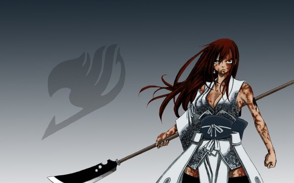Anime picture 1280x800 with fairy tail erza scarlet single long hair looking at viewer fringe breasts light erotic simple background hair between eyes wide image large breasts holding payot cleavage red hair traditional clothes tattoo floating hair blood on face