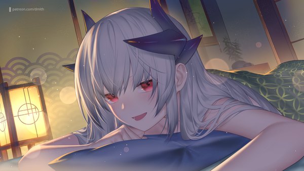Anime picture 1280x720 with fate (series) fate/grand order kiyohime (fate) dmith (baguscasbon) single long hair looking at viewer blush fringe open mouth light erotic smile hair between eyes red eyes wide image payot silver hair upper body indoors lying