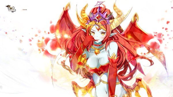 Anime picture 1920x1080 with puzzle & dragons hera-ur (p&d) heco (mama) single long hair looking at viewer blush highres breasts light erotic smile wide image yellow eyes cleavage red hair multicolored hair horn (horns) pointy ears two-tone hair midriff