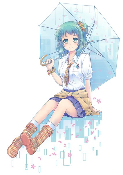 Anime picture 706x1000 with original zasikiusa single tall image looking at viewer blush short hair simple background smile white background sitting holding full body nail polish pleated skirt aqua eyes aqua hair one side up open collar twisty sleeves
