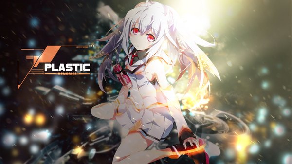 Anime picture 1920x1080 with plastic memories isla (plastic memories) redeye27 okiura single long hair looking at viewer blush fringe highres hair between eyes red eyes wide image sitting bare shoulders white hair ponytail from above wallpaper copyright name