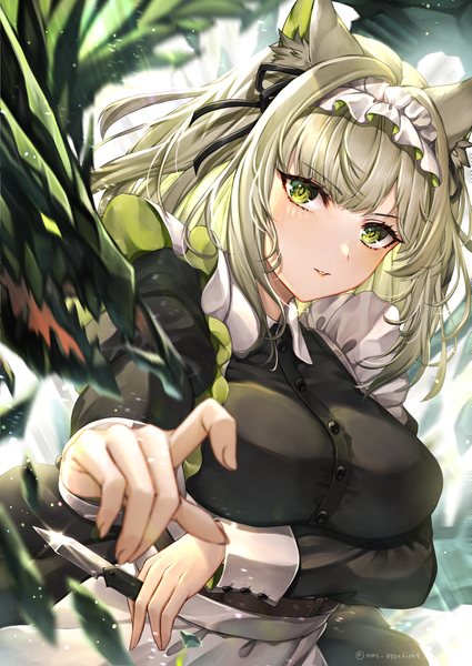 Anime picture 1700x2400 with arknights kal'tsit (arknights) mon3tr (arknights) tamaso single tall image looking at viewer blush fringe short hair breasts large breasts holding green eyes signed animal ears payot upper body long sleeves parted lips