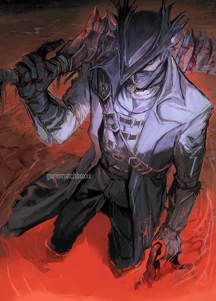 Anime picture 1221x1700 with bloodborne from software hunter (bloodborne) guri otoko single tall image looking at viewer short hair black hair standing holding signed black eyes partially submerged weapon over shoulder boy gloves weapon hat sword