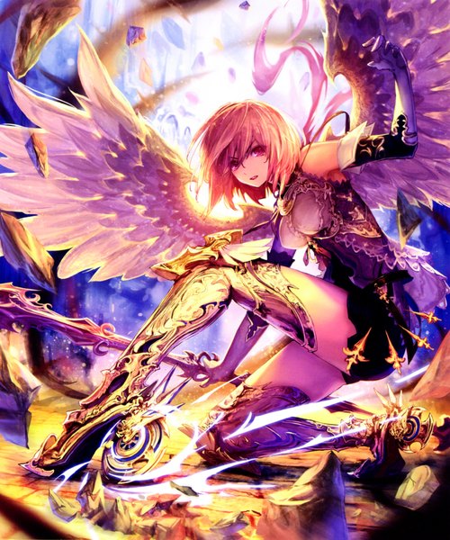 Anime picture 3645x4376 with shingeki no bahamut tachikawa mushimaro (bimo) single tall image highres short hair red eyes pink hair absurdres scan girl dress gloves weapon wings elbow gloves thigh boots