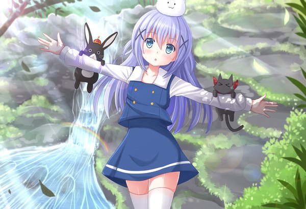 Anime picture 1900x1303 with gochuumon wa usagi desu ka? nichijou kyoto animation white fox kafuu chino tippy (gochiusa) sakamoto (nichijou) anko (gochiusa) kazenokaze single long hair blush highres blue eyes blue hair river waterfall animal on head girl thighhighs