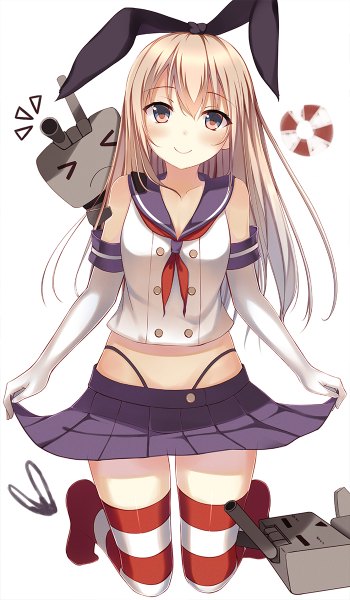 Anime picture 700x1200 with kantai collection shimakaze destroyer rensouhou-chan netarou long hair tall image looking at viewer blush simple background blonde hair smile white background brown eyes > < girl thighhighs skirt gloves bow weapon