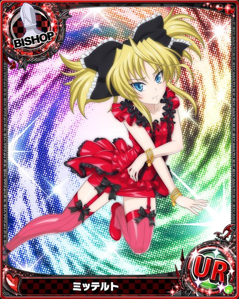 Anime picture 640x800 with highschool dxd mittelt single tall image looking at viewer short hair blue eyes light erotic blonde hair twintails short twintails card (medium) girl thighhighs dress bow frills bracelet red dress