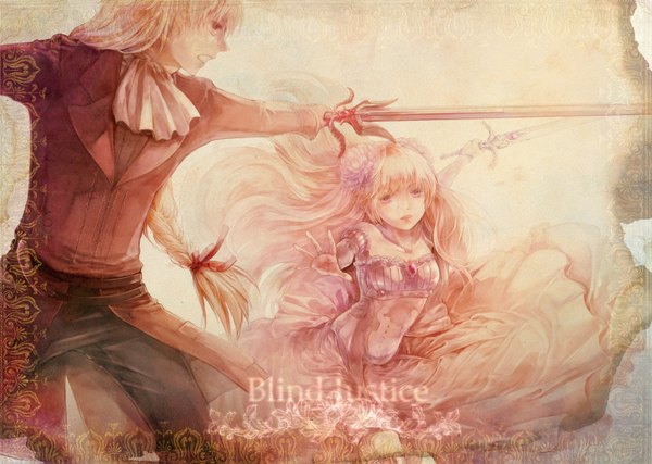 Anime picture 1752x1247 with zektbach li-e (pixiv) long hair highres blonde hair braid (braids) hair flower girl dress boy hair ornament sword