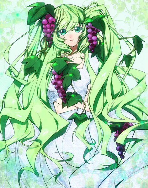 Anime picture 1280x1626 with vocaloid hatsune miku cougar single tall image smile green eyes very long hair green hair girl dress food berry (berries) grapes