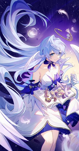 Anime picture 1178x2264 with honkai: star rail honkai (series) robin (honkai: star rail) sunday (honkai: star rail) autumnlll single long hair tall image fringe breasts smile hair between eyes large breasts bare shoulders looking away cleavage silver hair aqua eyes head wings girl