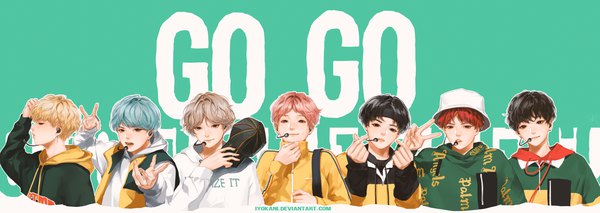 Anime picture 4667x1659 with real life bts v (bts) jin (bts) jeon jungkook (bts) suga (bts) j-hope rm jimin iyokani looking at viewer fringe highres short hair open mouth black hair blonde hair simple background smile wide image