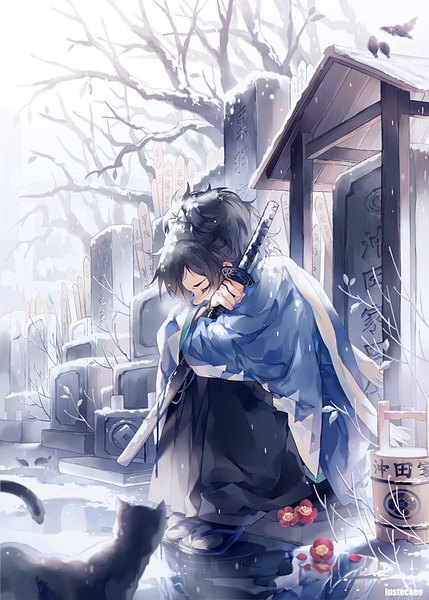 Anime picture 572x800 with touken ranbu nitroplus yamato no kami yasusada instockee single tall image fringe black hair sitting holding outdoors eyes closed snowing winter snow bare tree sad boy flower (flowers) weapon