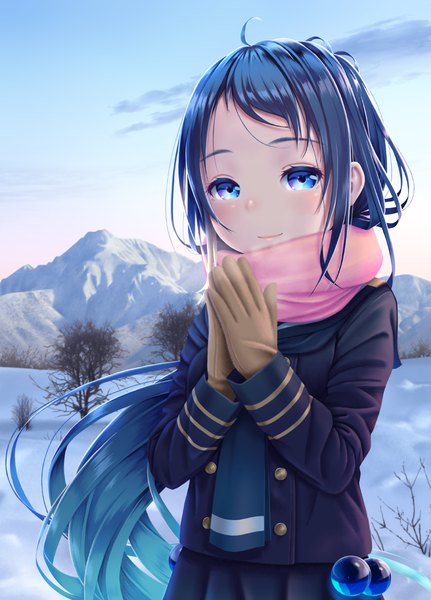 Anime-Bild 1151x1600 mit kantai collection samidare destroyer hane yoshiyumi single long hair tall image looking at viewer blush highres blue eyes smile blue hair sky cloud (clouds) very long hair winter snow mountain exhalation hands clasped