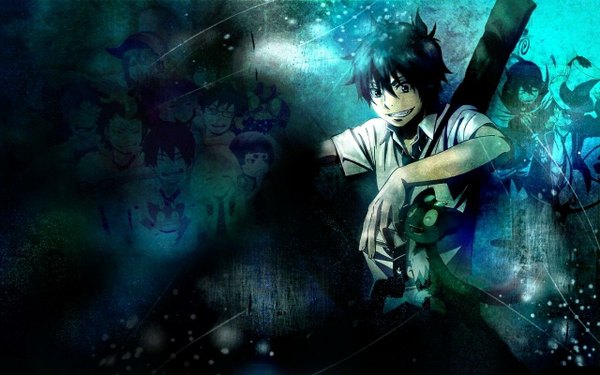 Anime picture 1280x800 with ao no exorcist a-1 pictures okumura rin okumura yukio moriyama shiemi shima renzou kamiki izumo suguro ryuuji mephisto pheles miwa konekomaru kuro (ao no exorcist) amaimon kirigakure shura open mouth blue eyes smile wide image multiple girls eyes closed demon