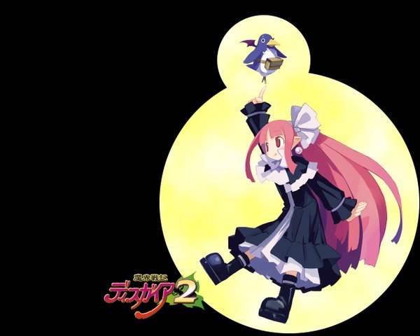 Anime picture 1280x1024 with disgaea makai senki disgaea 2 prinny mage (disgaea) harada takehito fringe looking away pink hair full body blunt bangs very long hair pink eyes arm up pointy ears copyright name black background girl dress animal bird (birds)