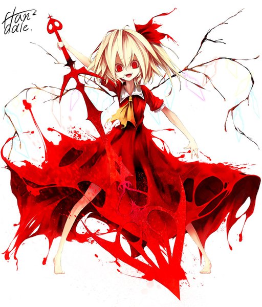 Anime picture 1048x1228 with touhou koumajou densetsu flandre scarlet fami (yellow skies) single tall image looking at viewer short hair open mouth blonde hair smile red eyes white background full body barefoot short sleeves fang (fangs) side ponytail crazy smile crazy eyes