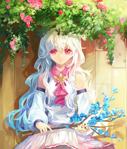 Anime picture 1000x1178 with original jinying single long hair tall image looking at viewer fringe hair between eyes bare shoulders white hair pink eyes sunlight wavy hair expressionless girl flower (flowers) detached sleeves branch ascot