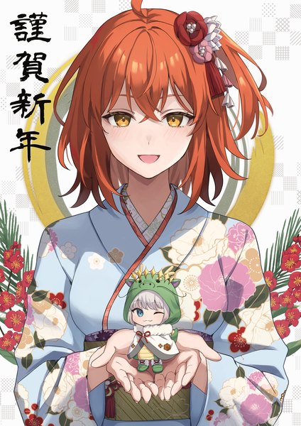 Anime picture 1447x2047 with fate (series) fate/grand order fujimaru ritsuka (female) oberon (fate) mikoha358212 tall image looking at viewer fringe short hair open mouth hair between eyes yellow eyes ahoge traditional clothes :d japanese clothes orange hair one side up floral print chibi