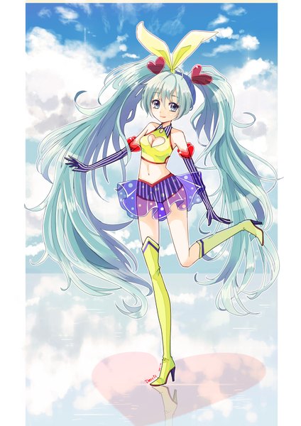 Anime picture 1240x1754 with vocaloid hatsune miku dorris single tall image looking at viewer blue eyes smile twintails bare shoulders signed sky cleavage cloud (clouds) very long hair aqua hair reflection girl gloves navel