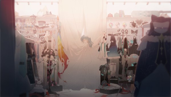 イラスト 3090x1752 と ボーカロイド 初音ミク rella ソロ 長髪 highres 開いた口 wide image ツインテール 青い髪 アホ毛 indoors eyes closed light smile blurry depth of field ^ ^ dressing room 女の子 手袋