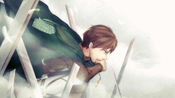 Anime picture 2000x1126 with shingeki no kyojin production i.g eren yaeger single highres short hair simple background brown hair wide image green eyes boy weapon