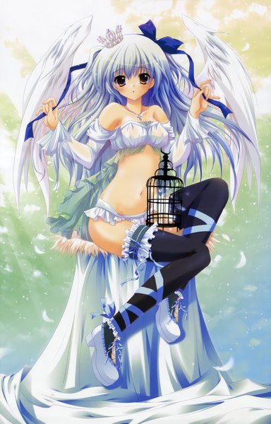 Anime picture 3028x4730 with izumi tsubasu single tall image highres light erotic brown eyes blue hair white hair girl thighhighs bow black thighhighs wings crown cage