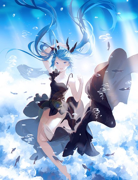 Anime picture 734x956 with vocaloid shinkai shoujo (vocaloid) hatsune miku aiko (kanl) single tall image looking at viewer blush open mouth blue eyes bare shoulders signed payot blue hair cleavage full body bent knee (knees) very long hair :d barefoot