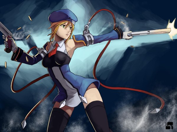 Anime picture 2834x2125 with blazblue highres short hair blonde hair green eyes girl thighhighs weapon hat gun bushes