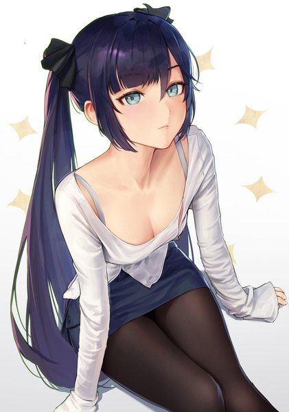 Anime picture 2199x3133 with genshin impact mona megistus alaskastomatoez single long hair tall image looking at viewer highres breasts blue eyes light erotic white background twintails payot blue hair cleavage long sleeves from above sleeves past wrists girl