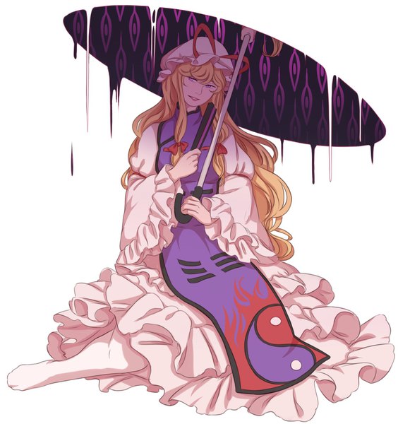 Anime picture 1441x1533 with touhou yakumo yukari mefomefo single long hair tall image looking at viewer fringe breasts simple background blonde hair smile hair between eyes white background sitting purple eyes payot full body parted lips head tilt