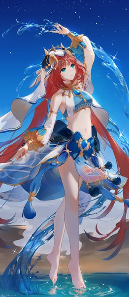 Anime picture 2760x6318 with genshin impact nilou (genshin impact) swkl:d single long hair tall image blush fringe highres breasts standing twintails looking away sky full body outdoors red hair blunt bangs long sleeves parted lips