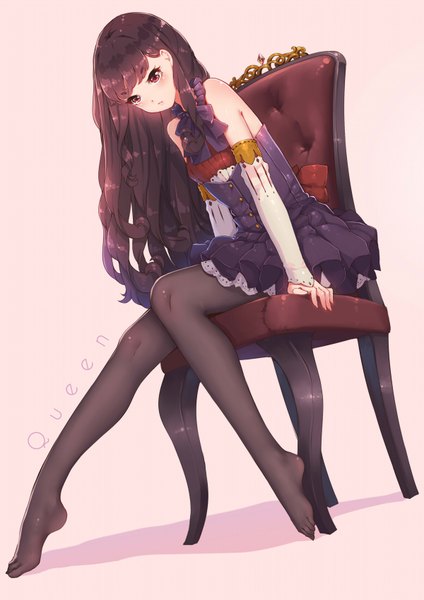 Anime picture 1200x1696 with original fangxiang cuoluan single long hair tall image looking at viewer blush fringe simple background red eyes brown hair sitting bent knee (knees) long sleeves shadow no shoes text english girl dress