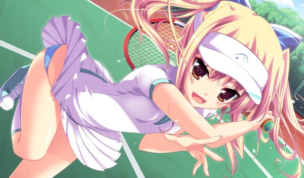 Anime picture 1024x600 with imouto paradise! open mouth blonde hair wide image brown eyes game cg tennis girl