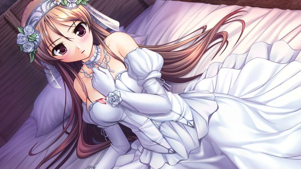 Anime picture 1280x720 with aiyoku no eustia eris floralia long hair blush brown hair wide image purple eyes game cg girl dress wedding dress