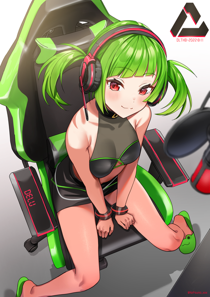 Anime picture 2478x3506 with virtual youtuber indie virtual youtuber delutaya hatsuno xxx single tall image looking at viewer blush fringe highres short hair light erotic smile red eyes sitting twintails green hair from above short twintails girl