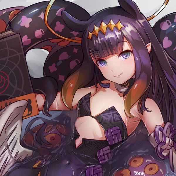 Anime picture 1000x1000 with virtual youtuber hololive hololive english ninomae ina'nis ninomae ina'nis (1st costume) ao-chan (ninomae ina'nis) arpeggio kaga single long hair looking at viewer fringe light erotic black hair smile purple eyes signed animal ears blunt bangs pointy ears mole