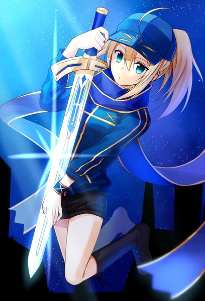 Anime picture 681x1000 with fate (series) fate/grand order artoria pendragon (all) mysterious heroine x (fate) zkr102 single long hair tall image fringe blue eyes blonde hair hair between eyes payot full body ahoge ponytail jumping girl weapon sword