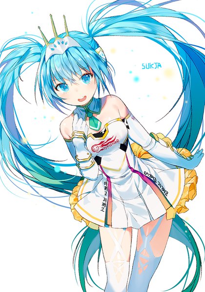 Anime picture 700x1000 with vocaloid goodsmile racing hatsune miku racing miku racing miku (2015) sorolp single tall image looking at viewer fringe open mouth blue eyes simple background hair between eyes white background twintails bare shoulders signed blue hair very long hair